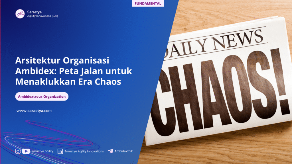 Diagram arsitektur organisasi ambidex yang menyeimbangkan antara pilar eksploitasi dan pilar eksplorasi untuk menghadapi era chaos