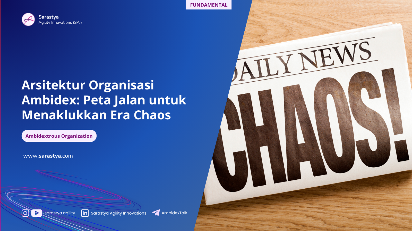 Diagram arsitektur organisasi ambidex yang menyeimbangkan antara pilar eksploitasi dan pilar eksplorasi untuk menghadapi era chaos